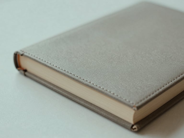 Close-up of hand-bound portfolio book with elegant stitching, warm stone gray cover, soft diffused daylight, shallow depth of field