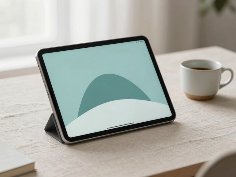A sleek modern tablet displaying a minimalist vector illustration, resting on a clean linen-covered desk next to a ceramic cup under diffused window light.