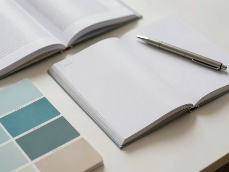 Overhead shot of a clean minimalist workspace with open design books, color swatches in cerulean and warm stone tones, and a metallic pen.