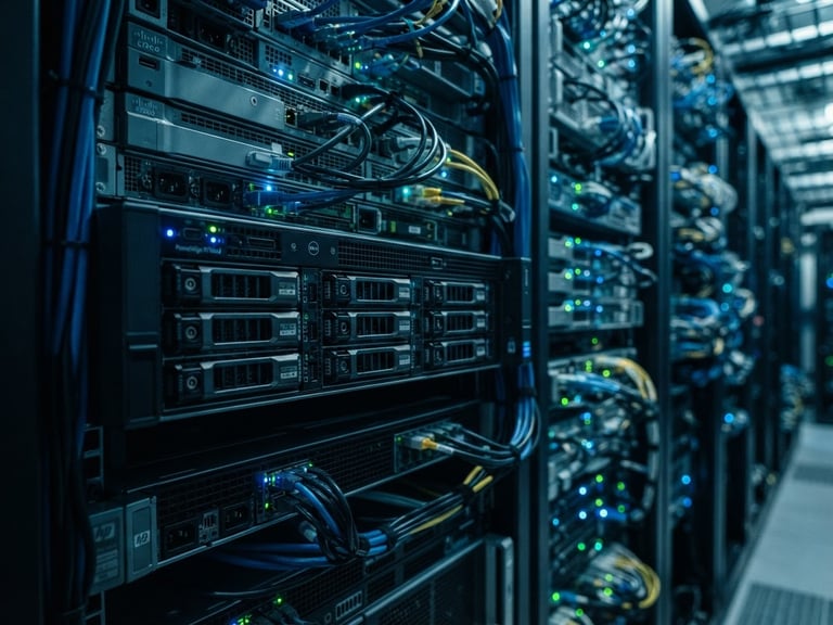 Macro shot of high-performance server racks in a London data center, cool ambient blue and teal lighting, sharp focus, 35mm
