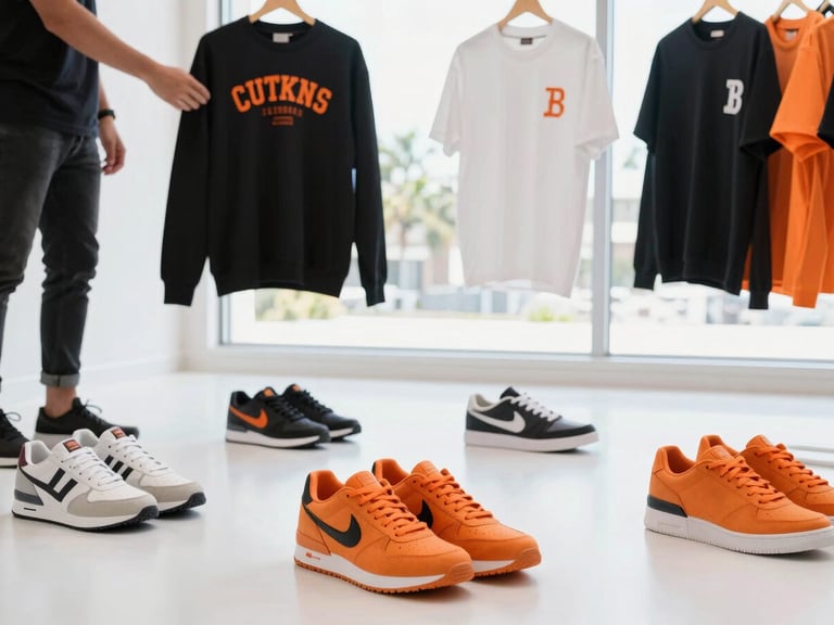 Stylist's hands arranging a curated selection of premium streetwear garments and accessories around a pair of rare sneakers, minimalist showroom setting, bright, indirect Florida window light