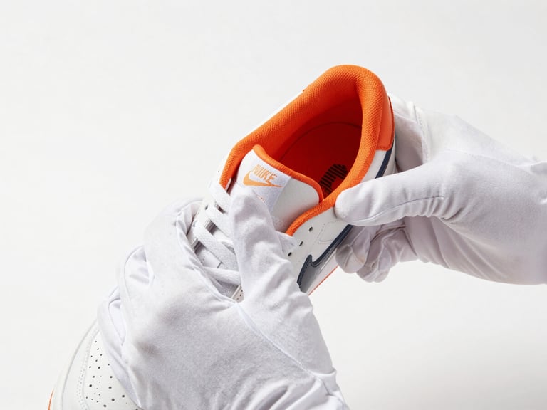 Close-up of hands wearing white gloves carefully handling a rare, limited-edition sneaker, clean white background, crisp studio lighting, focus on intricate stitching and unique material texture