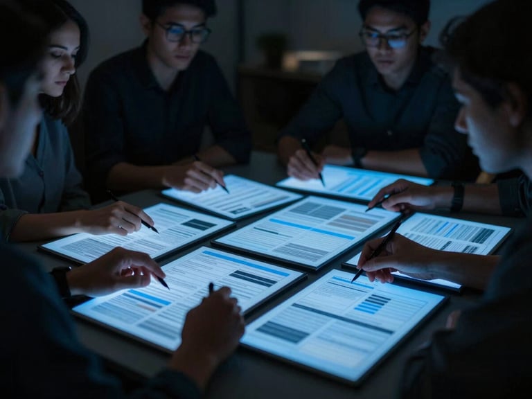 Candid team collaboration over wireframes in a dark office, moody ambient light with sharp blue screen reflections
