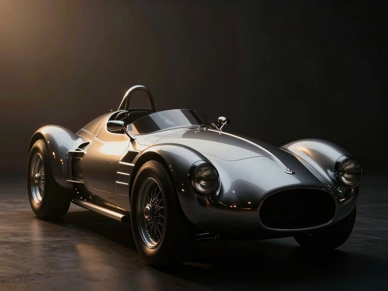 Dramatic low-angle shot of a polished vintage racing car, high-contrast studio lighting, chrome reflections, moody atmosphere, 35mm anamorphic.