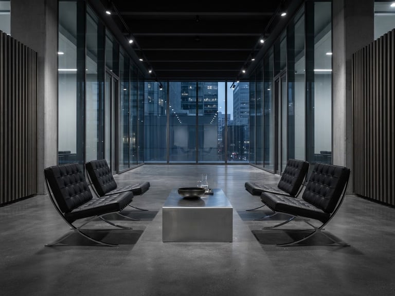 Symmetrical wide-angle shot of a minimalist corporate lounge setup with black leather Bauhaus chairs and brushed steel tables under sharp gallery lighting