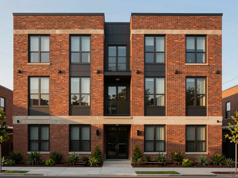 Straight-on architectural elevation of a modernized mid-rise brick apartment building in Charlotte, natural golden hour sunlight casting soft shadows, clean landscaping.
