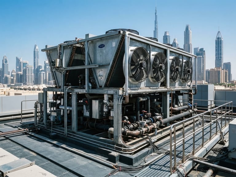 Sharp industrial photography of a massive air-cooled water chiller unit on a modern Dubai rooftop, bright desert sunlight, high-contrast slate and metallic tones, crisp architectural framing, 35mm.
