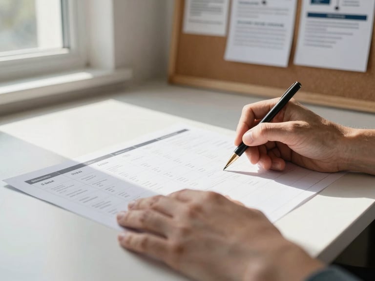 Close-up of a strategist's hands annotating a printed content calendar on a wide desk, north-light streaming from a left window, brand mood boards pinned to a corkboard visible in the soft background, documentary feel, no people's faces