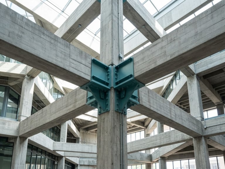 Clean architectural perspective of intersecting concrete beams under bright daylight, teal steel joints, structural precision, sharp 35mm lens