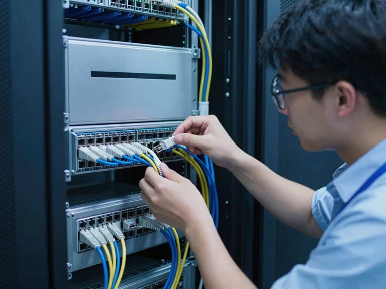 A professional IT engineer carefully labeling ethernet cables on a patch panel inside a clean Singapore data center, cool blue lighting