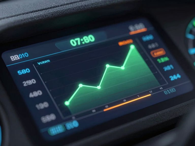 Close-up macro shot of a dark glassmorphic dashboard interface showing real-time automation metrics and neon green growth charts