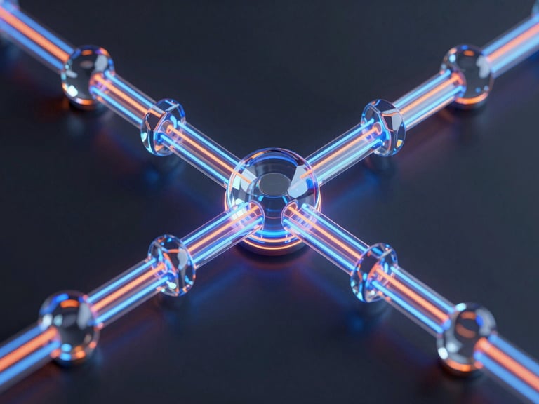 Futuristic 3D render of glowing data pipeline with electric blue and orange neon lines flowing through translucent glass nodes, dark background