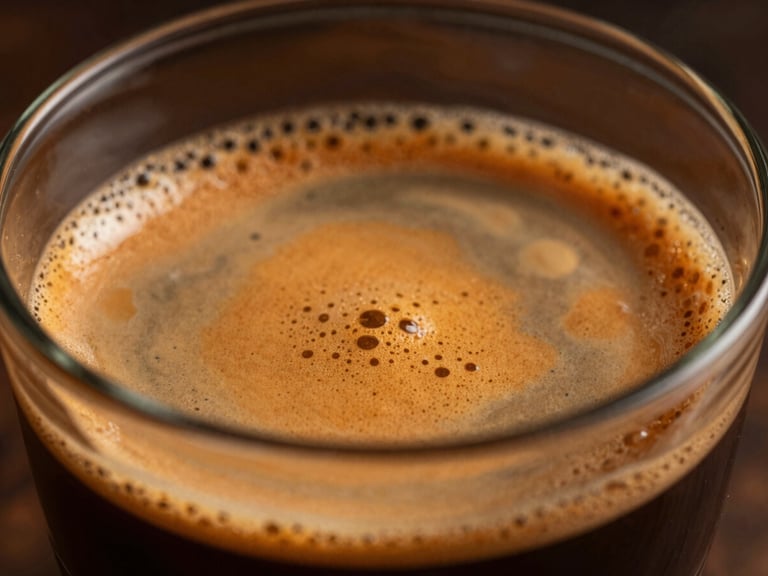 Extreme close-up of a perfectly pulled espresso shot with golden crema, warm side lighting, dark moody background, rich textures, shallow depth of field.
