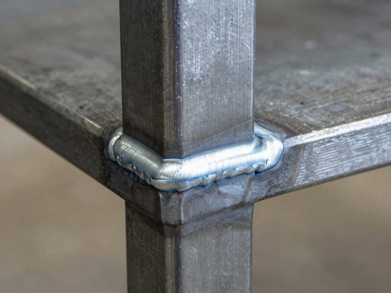 Extreme close-up, studio strobe lighting — a steel table leg-to-apron weld joint, cool white light raking across the weld seam to reveal the bead texture and clean grind finish, warm concrete floor visible softly out of focus in the lower background, no props, no accessories