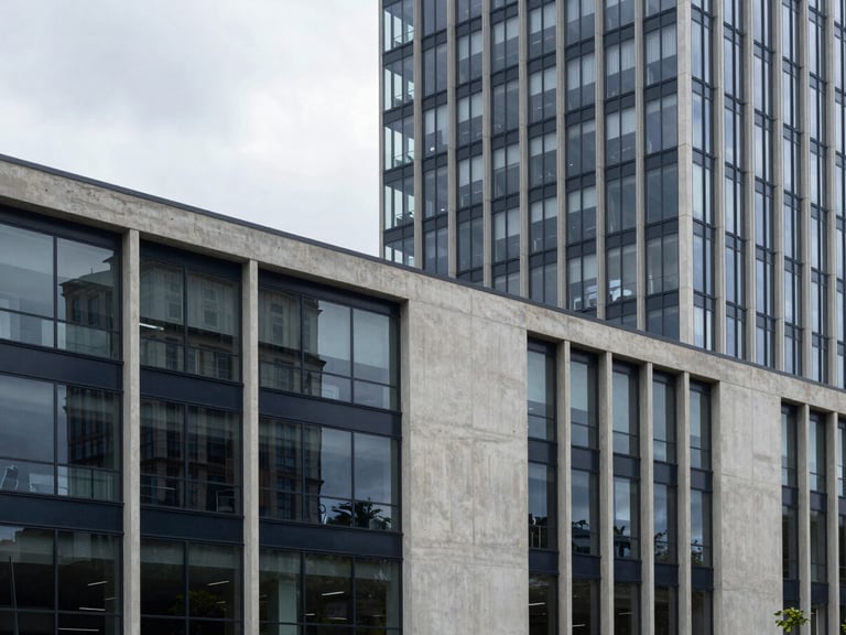 Architectural detail of a modern urban development in Bogota, clean concrete and glass facades, natural overcast daylight, professional 35mm photography