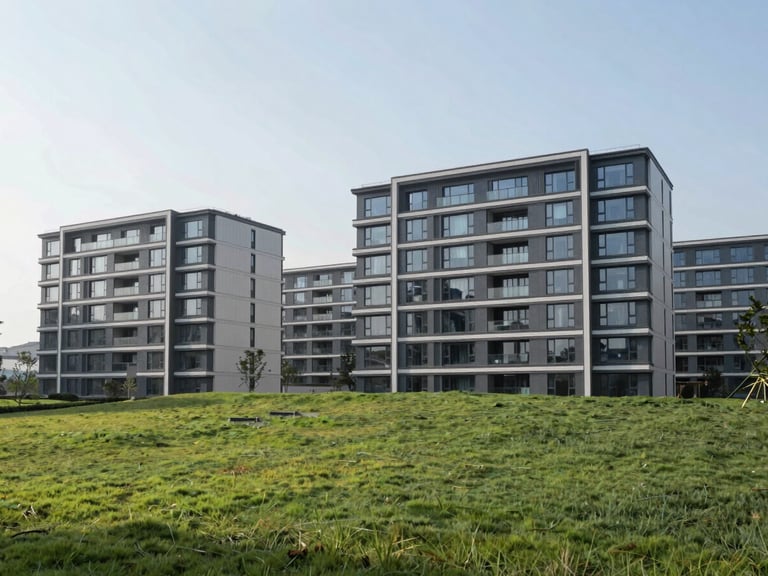 Modern low-rise residential buildings integrated with green hillside landscape, clean architectural geometry, soft daylight, editorial corporate style