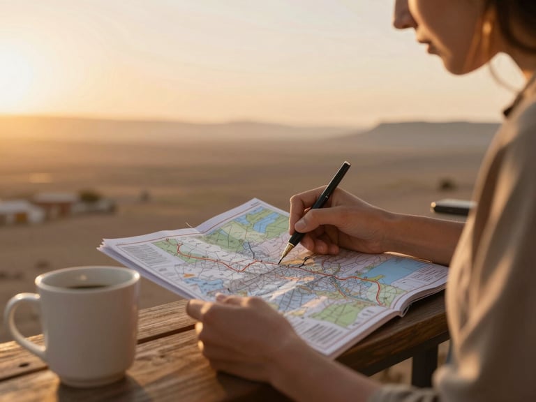 يد تمسك قلماً وتخطط على خريطة ورقية أنيقة، بجانبها كوب قهوة، إضاءة ناعمة.