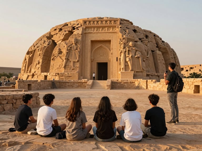 مجموعة صغيرة تستمع لمرشد سياحي في موقع أثري قديم، إضاءة طبيعية، تفاعل هادئ.