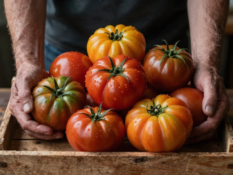 Close-up of weathered hands holding a variety of freshly harvested heirloom tomatoes on a wooden crate, soft side lighting, moody shadows