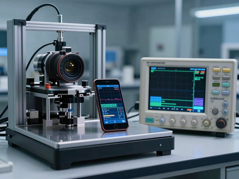 A technical testing rig in a laboratory, an Android device displaying live telemetry graphs next to an oscilloscope, cool blue directional lighting, metallic surfaces.