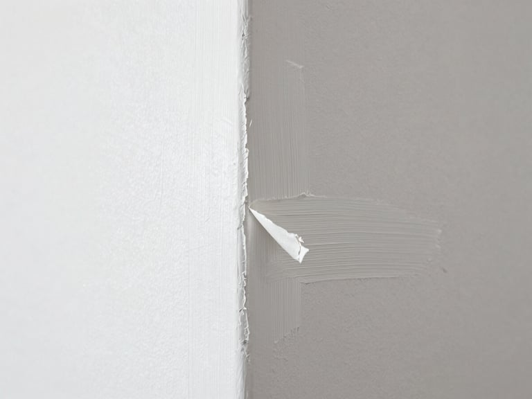 Freshly painted white wall corner showing clean brush lines, painter's tape being peeled back to reveal crisp edge, natural daylight, no people
