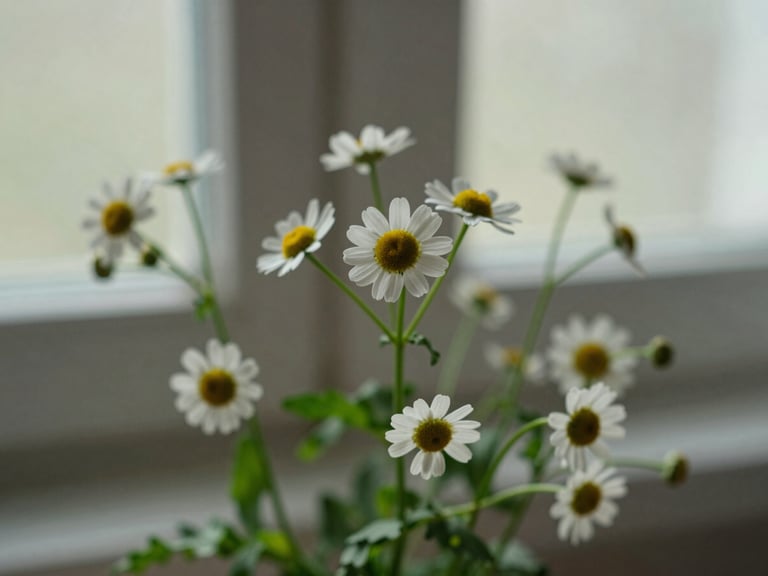 Macro shot of fresh chamomile flowers and green leaves with soft, diffused window light, shallow depth of field, organic editorial photography
