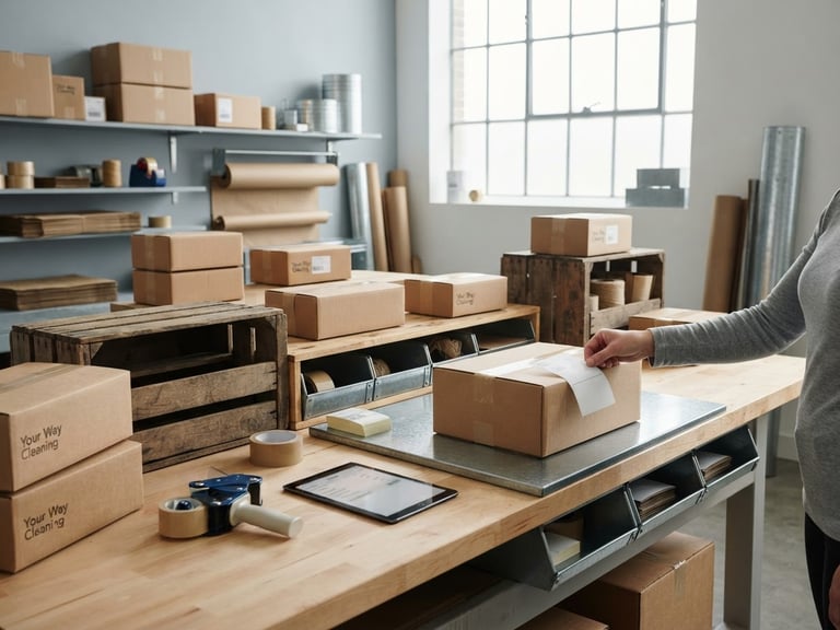 Wide panoramic shot of a clean, organized shipping station with neatly packed Your Way Cleaning tools, natural light streaming from a high window, soft shadows, unvarnished wood crates, galvanized steel accents, a single hand placing a shipping label onto a package, 50mm.