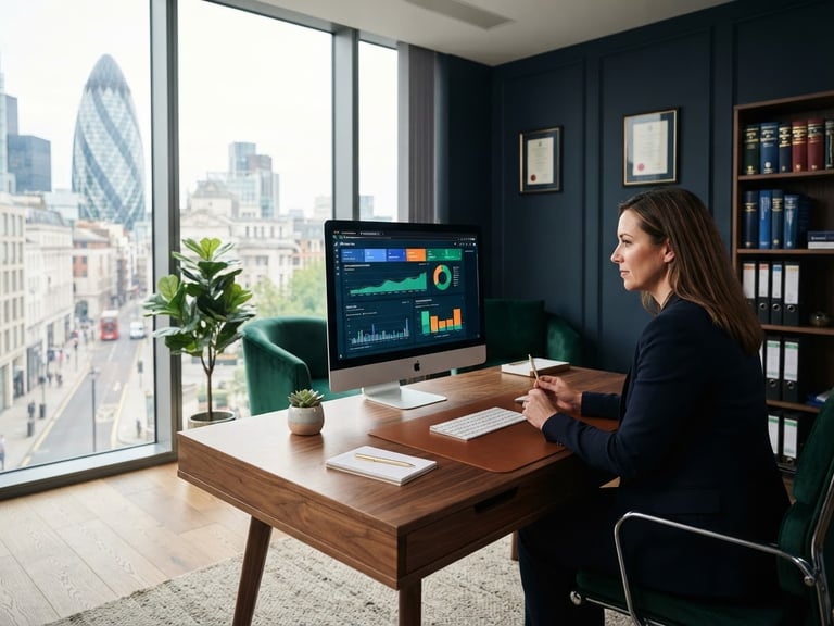 Wide environmental shot of a modern solicitor's office with a clean wooden desk, active ad campaign dashboards visible on a screen, bright natural daylight streaming through a large window, sharp focus, 35mm