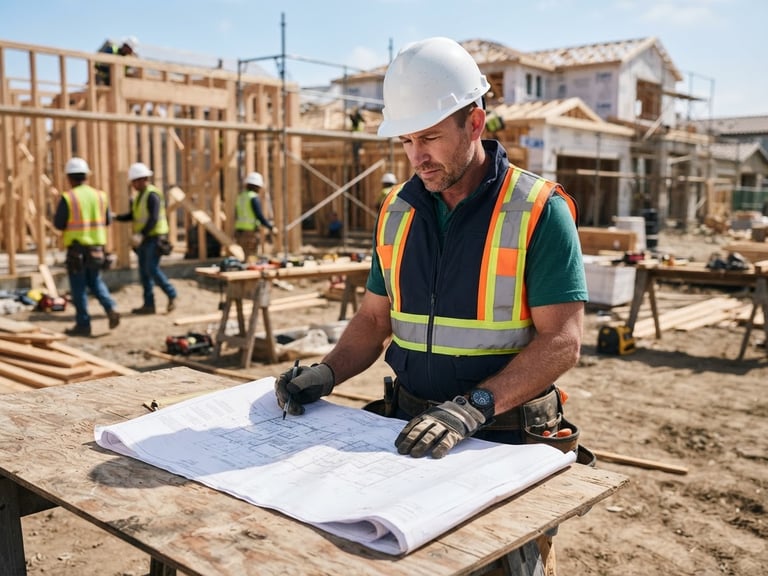 A professional builder in a high-vis vest reviewing architectural blueprints on an active residential construction site, bright natural daylight, sharp focus