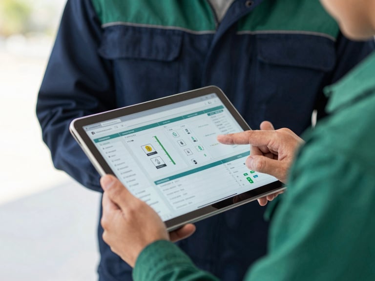 Close-up of a contractor in clean workwear reviewing digital project management dashboards on a tablet screen, bright natural outdoor daylight, sharp focus on the hands and screen