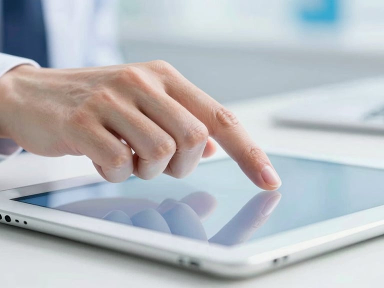 Close-up of a hand interacting with a clean digital form on a tablet, blue and white tones, bright studio light, sharp focus.
