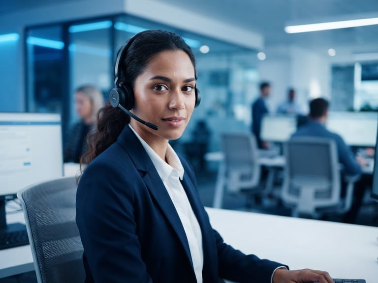 Close-up of a professional customer support agent with a friendly but serious expression, wearing a headset, in a clean, modern office with cool blue lighting. Sharp focus, 50mm lens.