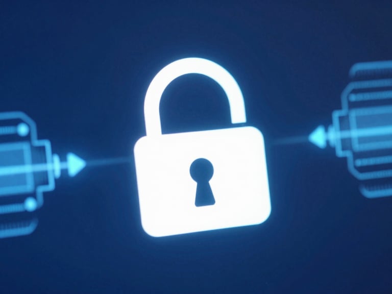 Macro shot of a digital lock icon on a screen, secure data streams in background, professional blue tones.