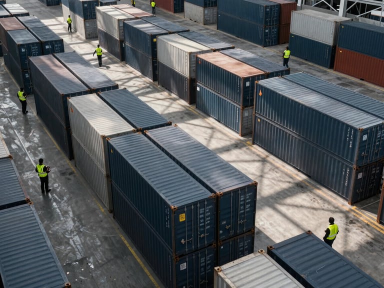 Wide-angle overhead view of a precision logistics operations floor, stacked cargo containers arranged in geometric formation, ground crew in high-visibility gear moving between rows, industrial ceiling lights casting structured shadows, clean charcoal and steel tones, no people faces visible