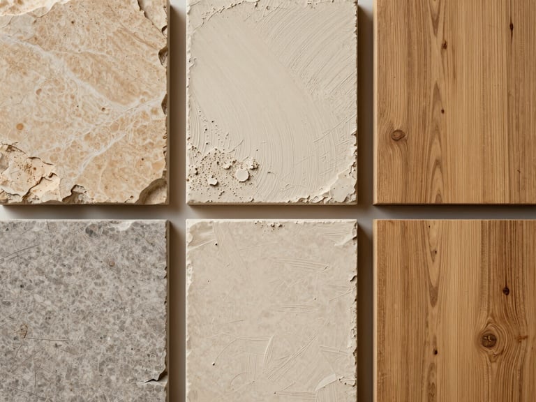 Tight editorial grid of Jordanian material samples photographed flat under diffused north-facing studio light — a slab of hand-cut limestone, a panel of natural gypsum plaster with visible trowel texture, and a section of oiled local oak timber; each sample fills its cell edge-to-edge, warm ochre and grey tones, no labels or text