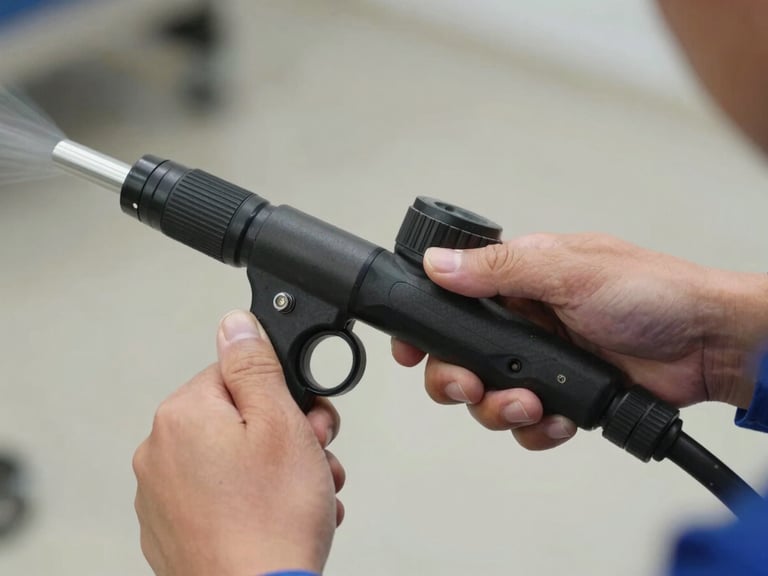 Close-up of a technician's hands adjusting a high-pressure hydro-jetting nozzle, bright utility lighting, crisp details.