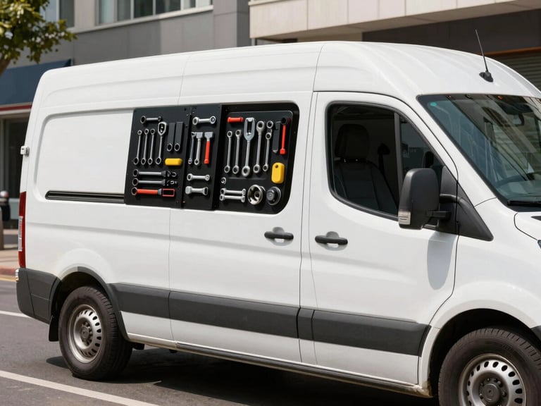 A clean, modern white service van with professional tools neatly organized inside, parked on a bright city street during daytime.