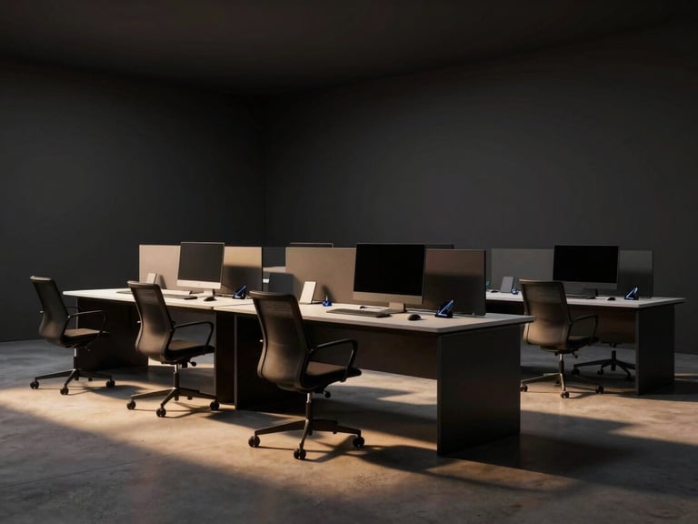 Wide panoramic shot of a dark, high-end digital rendering bay, soft golden ambient light casting long shadows, sleek minimalist workstation.