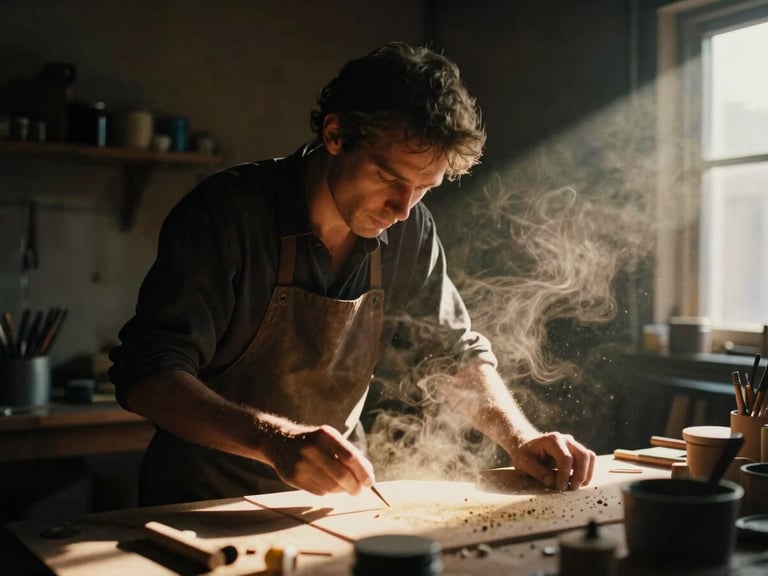 Dramatic environmental portrait of an artisan in a dimly lit workshop, soft golden-hour light hitting rising dust, 35mm film grain