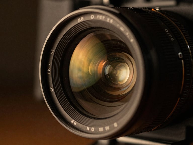 Extreme close-up of a high-end cinema camera lens in low-key dramatic lighting, golden reflections on the glass, anamorphic depth of field, 35mm film grain.