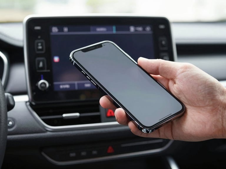 Close-up of a hand pairing a smartphone to a car console screen, bright daytime lighting, clean and professional