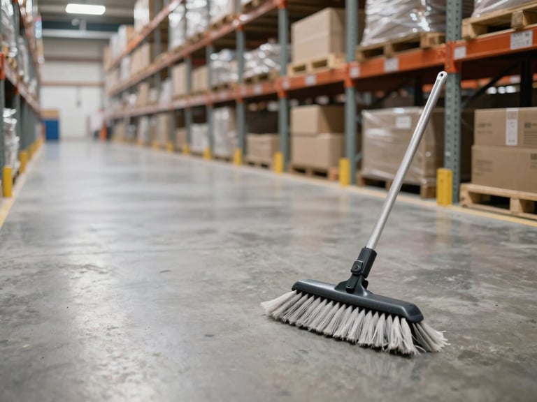 Wide shot of a commercial warehouse aisle freshly swept and mopped, natural daylight from overhead skylights, neutral color temperature, clean concrete floor, shelving in background, no people or staff