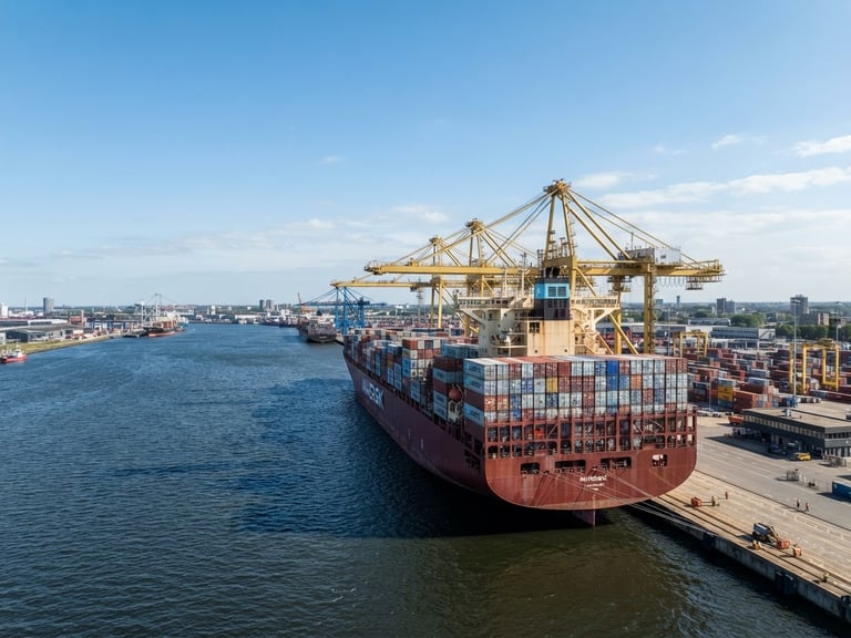 Wide-angle architectural photograph of a modern container ship at port during bright daylight, clean crisp high-contrast tones, negative space on the left