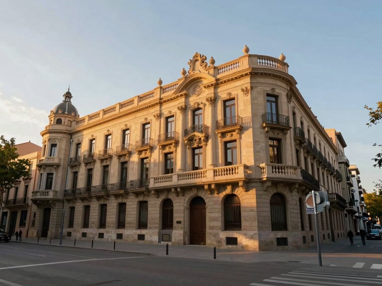 Wide environmental shot of classic Barcelona Eixample architecture meeting warm golden hour sunlight, clean lines, editorial framing.