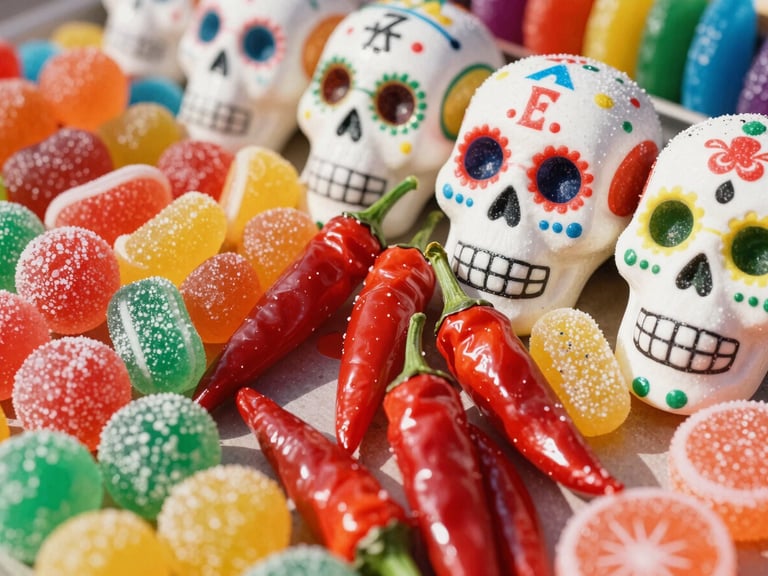 Close-up of colorful Mexican candy assortments, including chili-coated tamarind and sweet sugar skulls, bright natural Texas daylight, highly saturated colors, 35mm lens