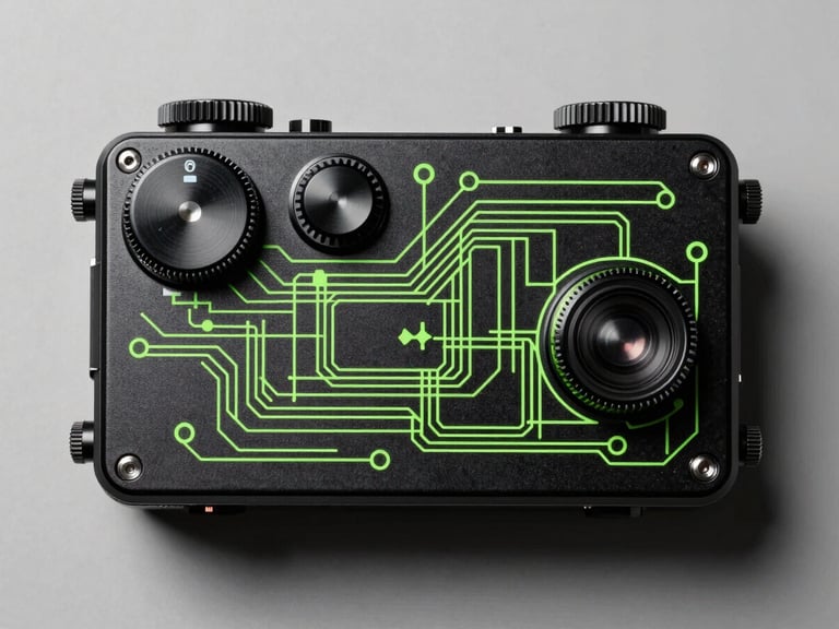 Top-down orthographic view of a custom handheld device mockup with physical dials and mechanical switches, sharp neon green schematic lines overlaying the matte black metal casing, high-contrast studio lighting.