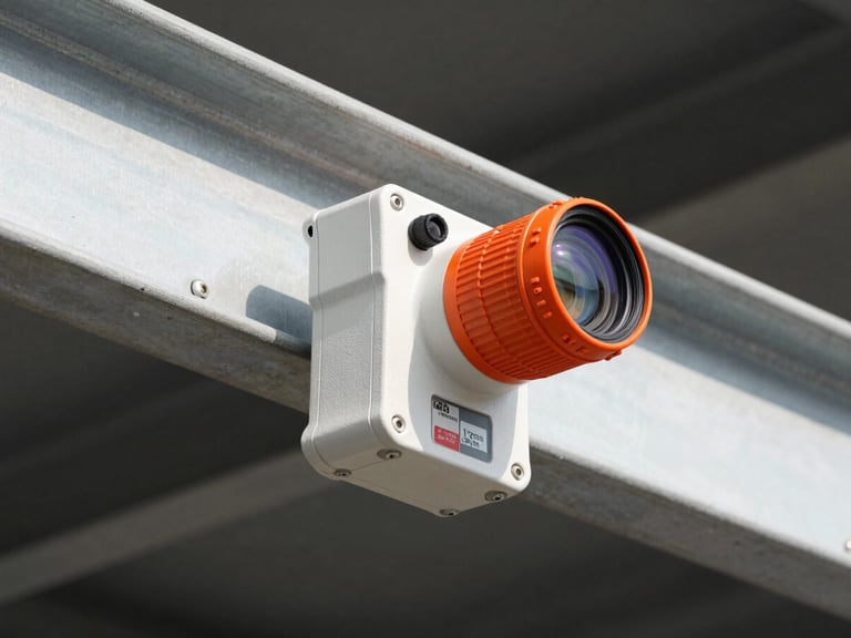 Fixed industrial gas detector mounted on a steel beam, high-contrast daylight, technical details, 50mm lens