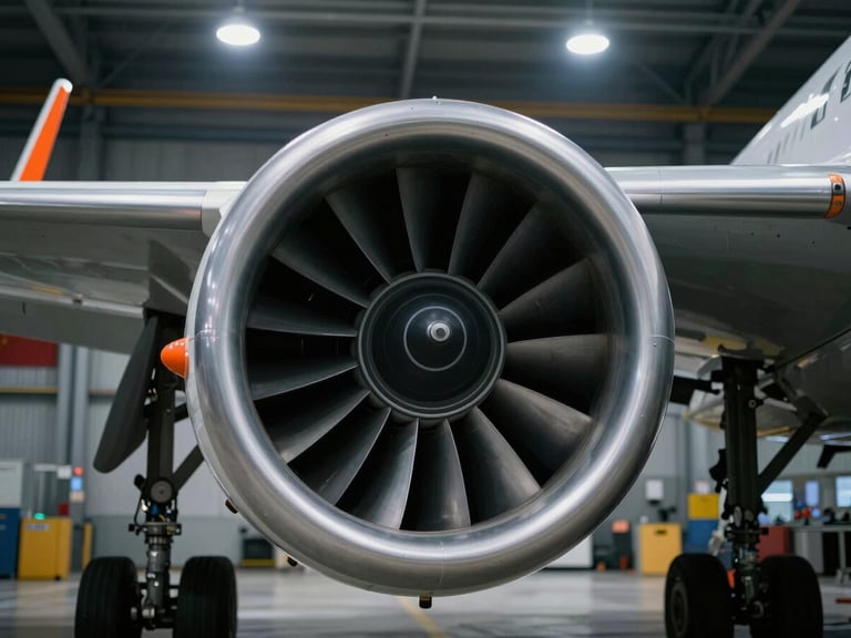 Close-up of aircraft turbine maintenance under high-contrast industrial hangar lights, dramatic shadows, cool metallic tones, 35mm
