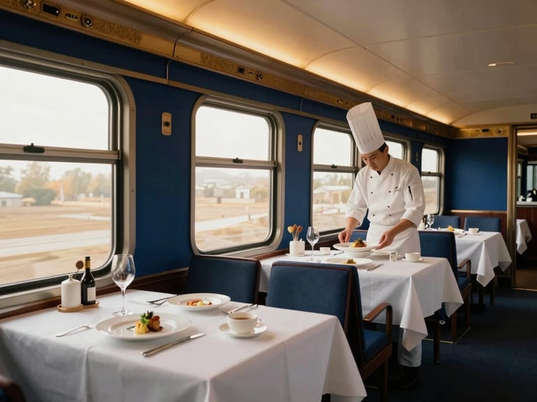 Gourmet dining car interior on the Da He Zhi Nan luxury train, with crisp white linens, fine china, and a chef presenting an exquisite dish, soft interior lighting.