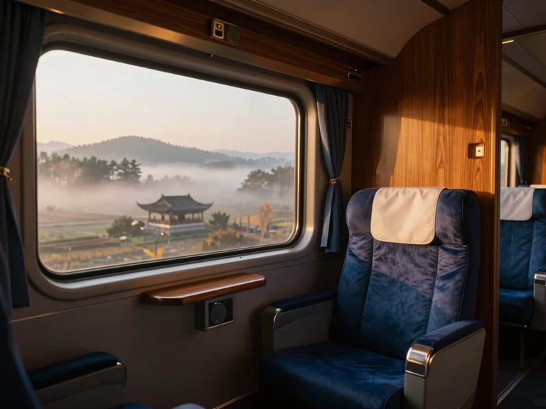 Interior of the Xiao Xiang Hao luxury train suite, featuring rich wood finishes, plush seating, and a large window overlooking a misty Chinese landscape, golden hour light.